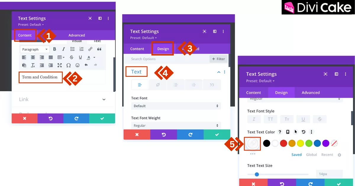 Customize the Text Module in Divi by editing the content, changing the text to “Terms and Conditions,” and adjusting the color settings to match the footer’s design.