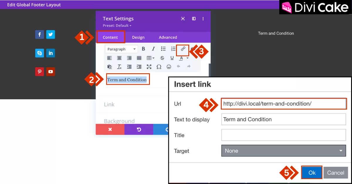 Convert the Terms and Conditions text into a clickable link in Divi by highlighting it, adding the page URL, and saving the changes in the Text Module.