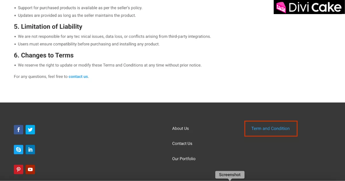 The final view of the Divi footer with a clickable Terms and Conditions link, allowing visitors to access the page easily.