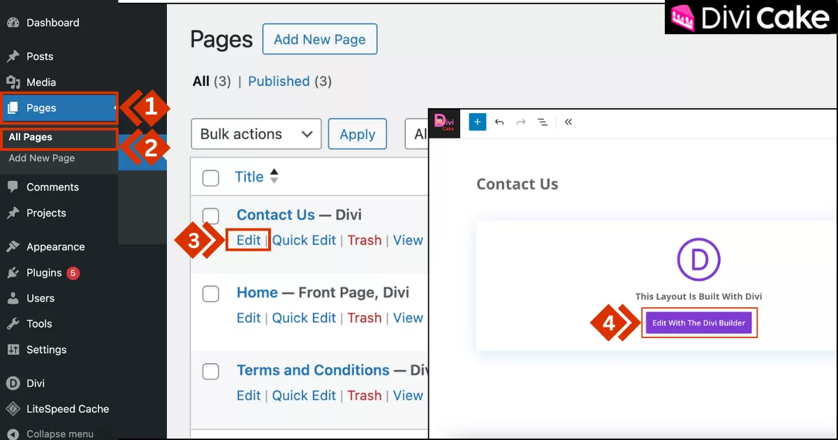 WordPress dashboard showing the process of accessing a page in Divi Builder to create a Global Module. Users can navigate through Pages, select a specific page like “Contact Us,” and open it in the Divi Visual Editor.
