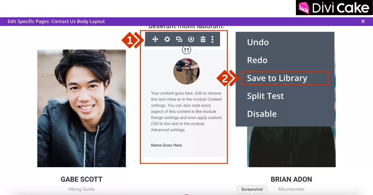 Divi Builder interface highlighting the process of selecting a Testimonial Module, right-clicking on its settings, and saving it to the Divi Library for global use across multiple pages.