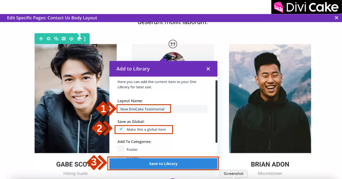 Divi Builder interface showing the process of naming a module, selecting the “Make this a Global item” checkbox, and clicking the “Save to Library” button to enable global functionality.