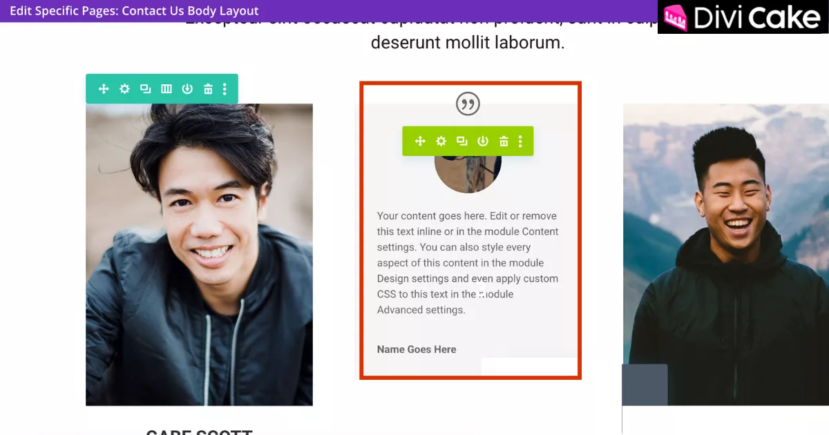 Divi Builder interface highlighting the color change of the module settings from black to green, indicating that the module has been successfully converted into a Global Module.