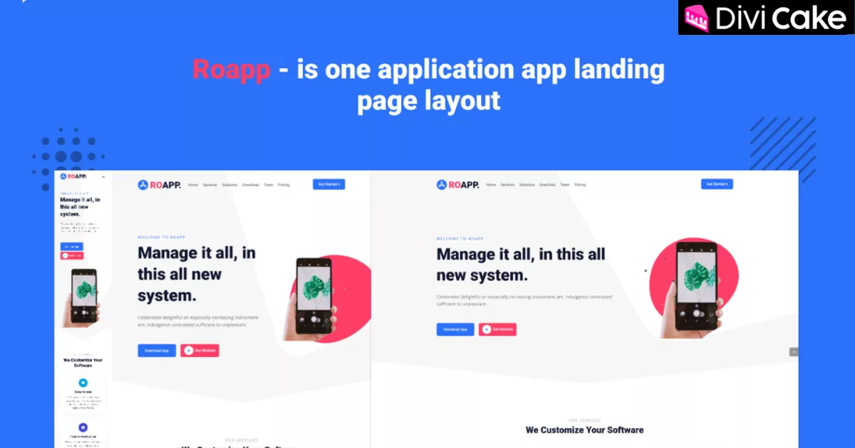 Application RoApp Mobile App Layout Pack offers a modern, SEO-friendly Divi landing page with 7 pre-designed pages, sleek UI elements, and easy customization for app promotion.
