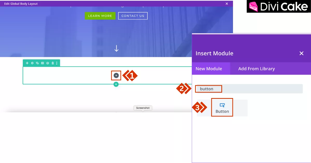 Add a Button Module in Divi Visual Builder by clicking the Plus icon, searching for “Button,” and inserting it into the desired section.