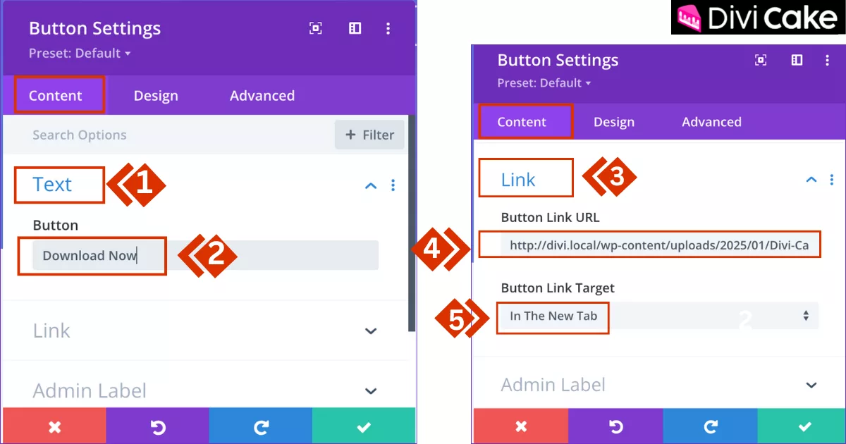Customize the Divi Button Module by setting the button text, adding the image URL in the Button Link field, and enabling “Open in a New Tab” under the Link settings.