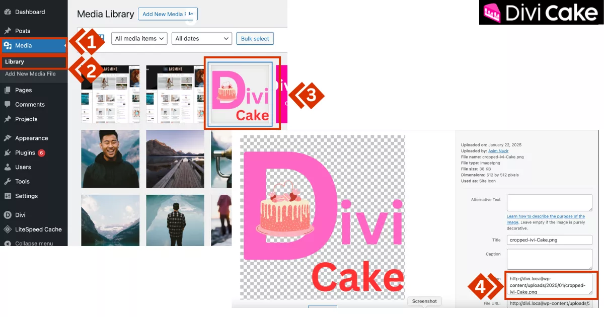Copying an image URL from the WordPress Media Library by selecting an image and viewing its settings in the dashboard.