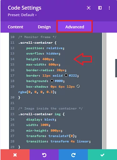 Custom CSS code applied in a Divi Code Module to style a scrolling effect inside a monitor-style frame, including a scrollable container, hover animation, and monitor stand design.