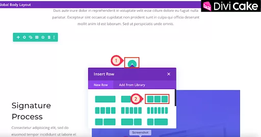 Alt Text: Choose the perfect section and insert a three-column row layout in Divi Builder to place multiple Number Counters side by side and highlight key statistics effectively.