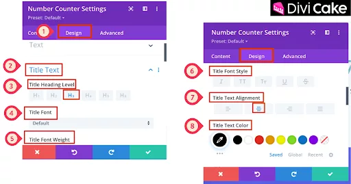 Style your Divi Number Counter Module using the Design Tab by adjusting title font, heading level, alignment, and text color to perfectly match your website’s branding and layout.