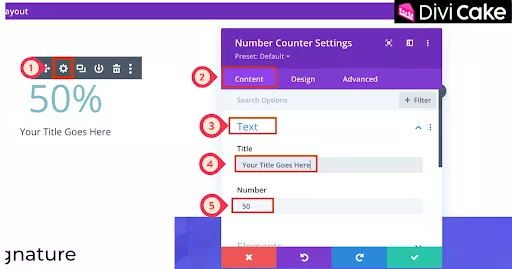 Edit the Number Counter Module in Divi by opening the settings, updating the title text, and adjusting the number count value under the Content Tab for a customized and professional display.