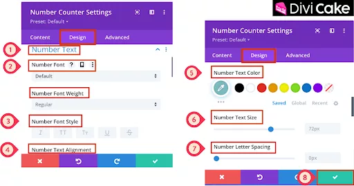 Customize the Number Font, Font Weight, Text Alignment, Color, Size, and Letter Spacing in the Divi Number Counter Module to match your website’s design and create a clean, attractive layout.