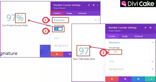 Easily control the Percentage Sign visibility in Divi Number Counter Module by toggling the switch On or Off under the Elements section in the Content Tab for a cleaner or more informative design.