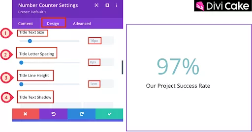 Adjust the Title Text Size, Letter Spacing, Line Height, and apply Text Shadow in the Divi Number Counter Module to achieve a balanced, clean, and professional design on all devices.