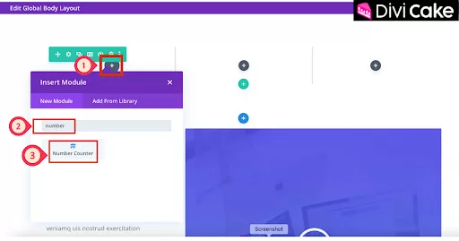 Add the Number Counter Module in Divi by clicking the Plus icon inside a column, selecting the module from the list, and placing it to display animated statistics on your website.