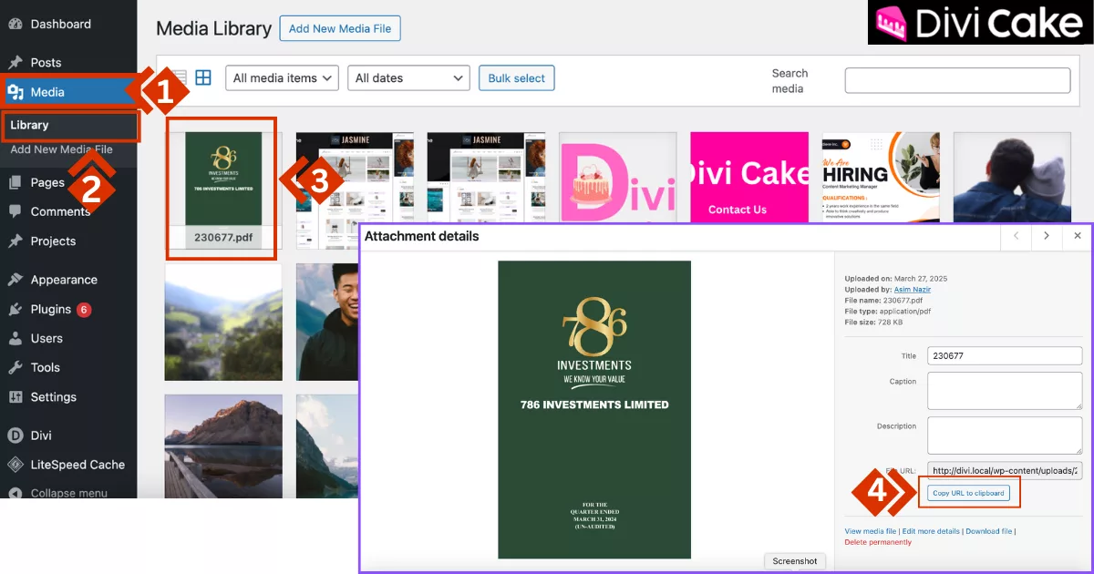 Accessing WordPress Media Library to copy the file URL from the details section for creating a direct file download button in Divi.