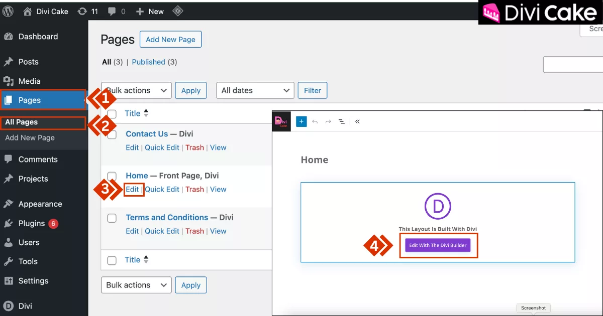 Navigating through WordPress dashboard to select and edit a specific page using the Divi Builder for adding a direct file download button.