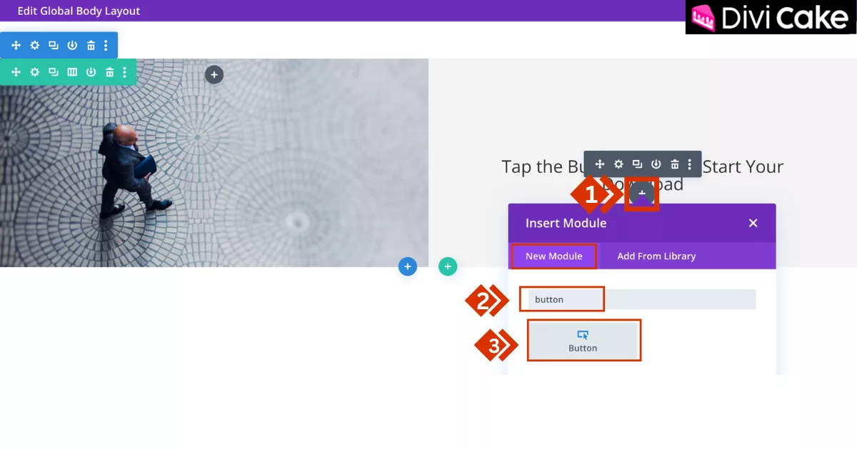 Adding Divi Button Module by clicking the Plus icon and selecting it from the Insert Module popup to create a file download feature.