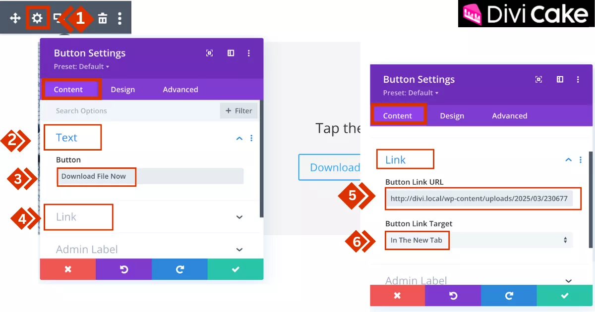 Editing Divi Button Module settings to add file URL, set button label, and enable new tab opening for a direct file download experience.