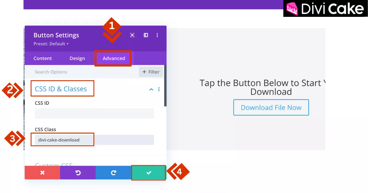 Navigating to the Advanced tab in Divi Button Module settings to assign the CSS class “divi-cake-download” for enabling file download functionality.