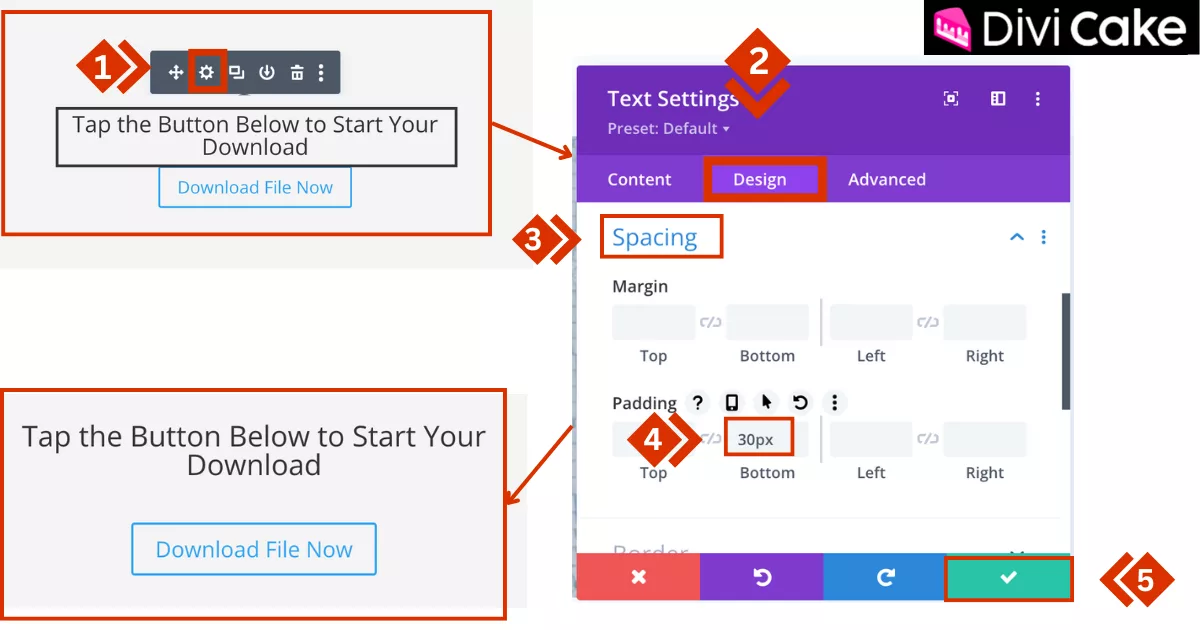 Adjusting the padding settings in Divi to create space between the heading and download button for a cleaner design.