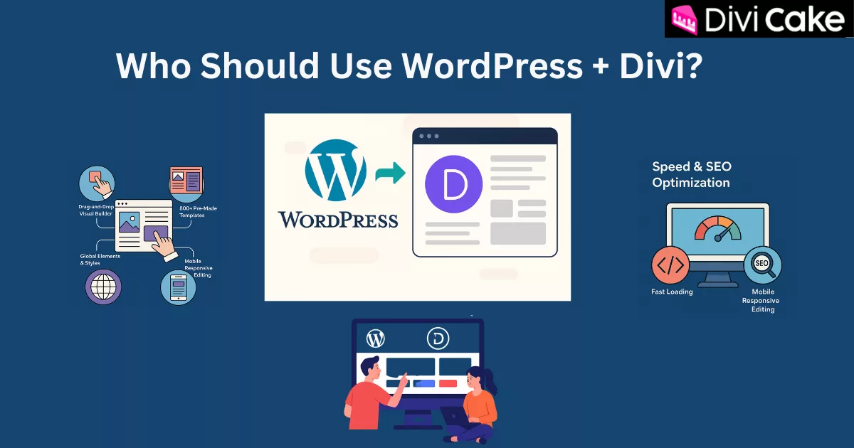 WordPress and Divi offer an easy-to-use drag-and-drop builder for beginners, fast client site deployment for agencies, seamless WooCommerce integration for e-commerce stores, and SEO-friendly design for bloggers and marketers.