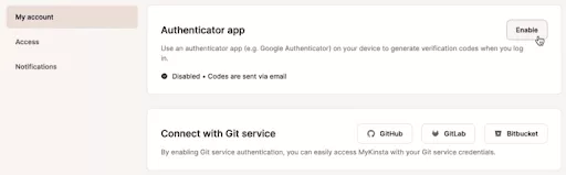 Kinsta account security with two-factor authentication, activity tracking, and automatic lockout after failed login attempts to prevent unauthorized access.