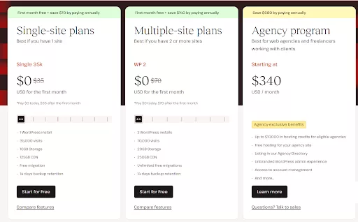 Kinsta pricing comparison chart showing Starter at $35/month for 25,000 visits, Pro at $50/month for 50,000 visits, and Business-1 at $90/month for 100,000 visits, all with 10 GB storage and free CDN.