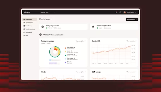 Kinsta’s MyKinsta dashboard showing a clean and responsive interface for managing site settings, analytics, and creating new WordPress or WooCommerce environments with data center selection and pre-installation options.