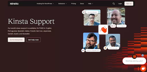 Kinsta live chat support with multilingual WordPress experts, proactive site monitoring, and extensive documentation for 24/7 customer service