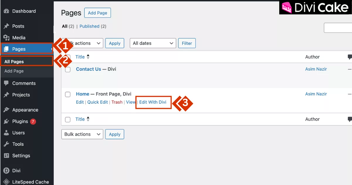 Accessing a WordPress page from the dashboard and launching Divi Visual Builder to edit and add section dividers for custom page design and layout enhancements.