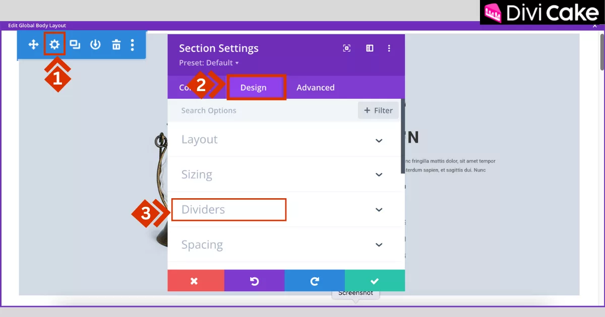 Opening section settings in Divi and navigating to the Design tab to add a stylish divider for enhancing layout appearance and improving WordPress page styling.
