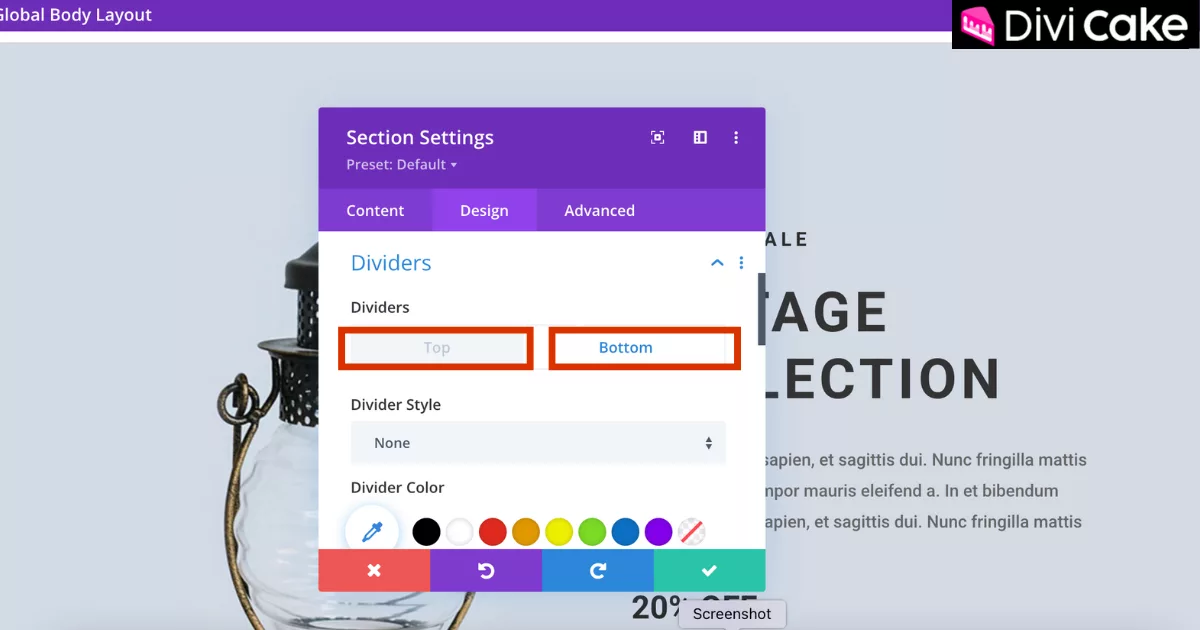 Divi Divider settings panel showing Top and Bottom buttons to choose the divider placement location within a section layout.