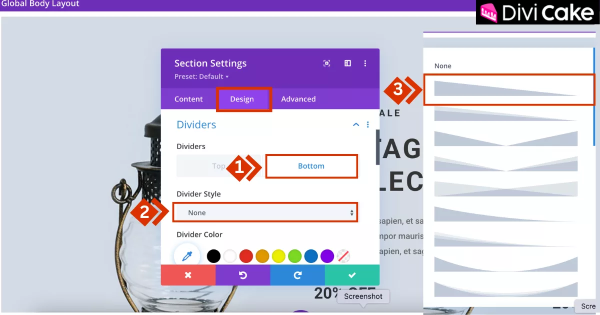 Choosing the bottom placement for a section divider in Divi and selecting a stylish shape from the available design options to enhance WordPress page layout.