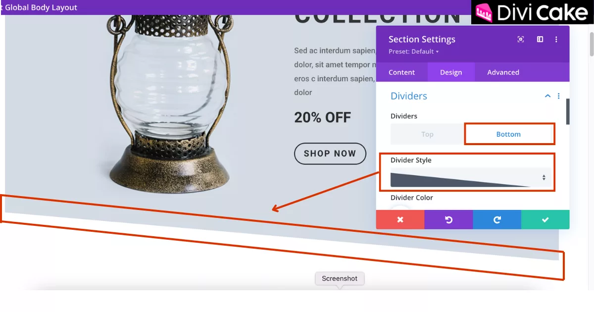 Real-time visual preview of a chosen bottom divider shape applied to a Divi section, enhancing the border design and helping customize WordPress page layout instantly.