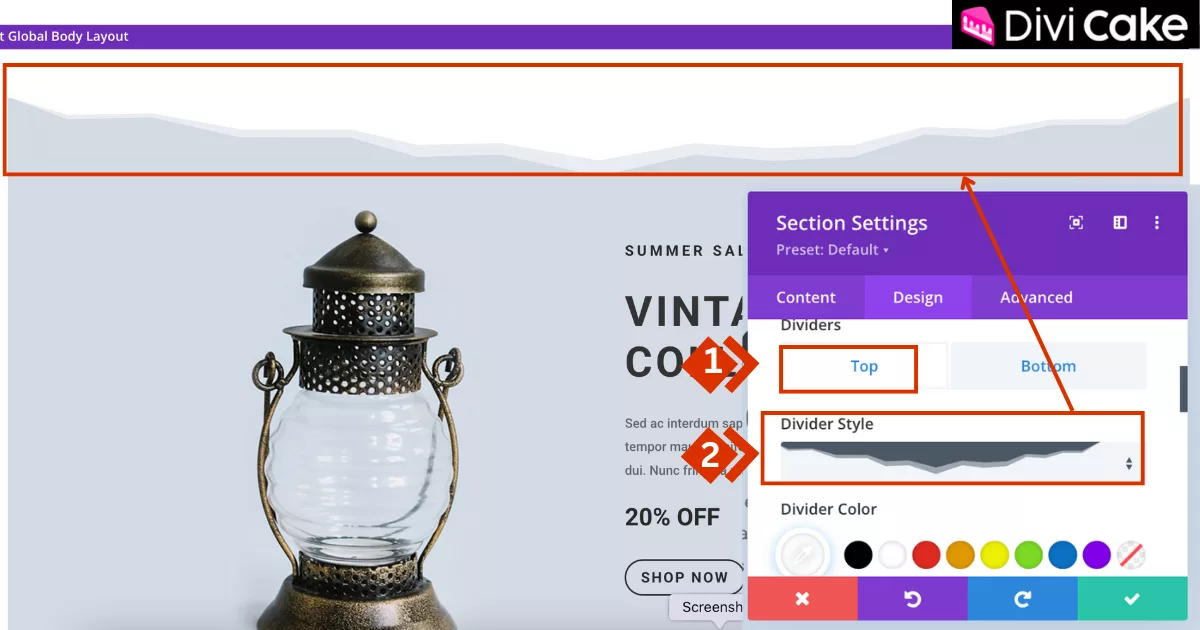 Selecting the top placement for a divider in a Divi section to enhance layout symmetry, with customizable shapes for creating a balanced and professional WordPress design.