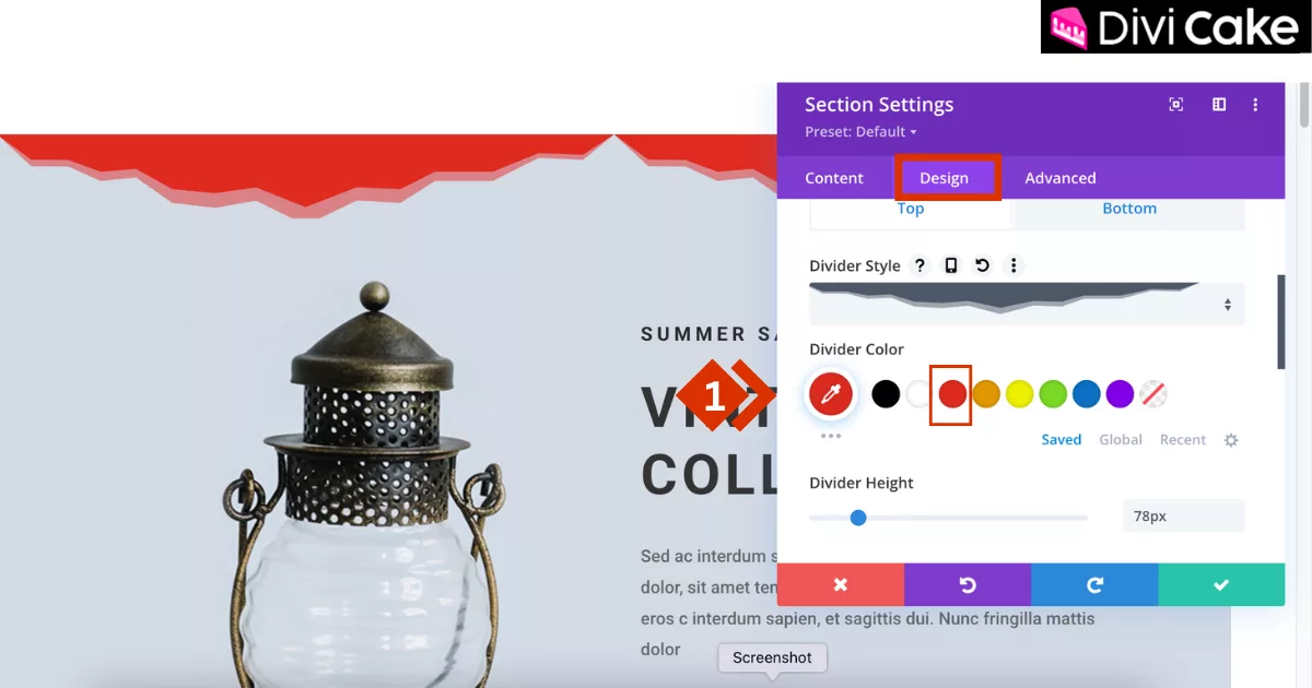 Customizing the divider color in Divi’s section settings to match website design, with the option to choose transparent or vibrant colors like red for styling WordPress pages.