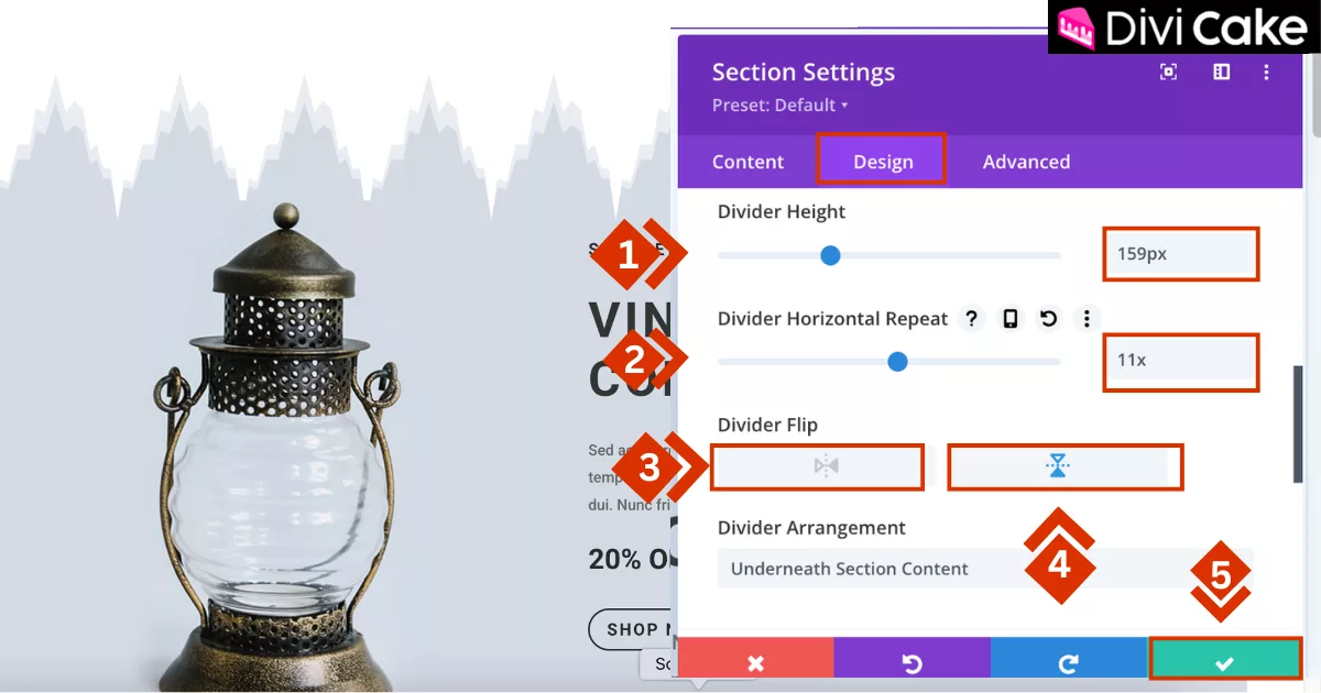 Fine-tuning the divider height, horizontal repeat, and flip settings in Divi to customize the section divider’s appearance and create a unique WordPress design layout.