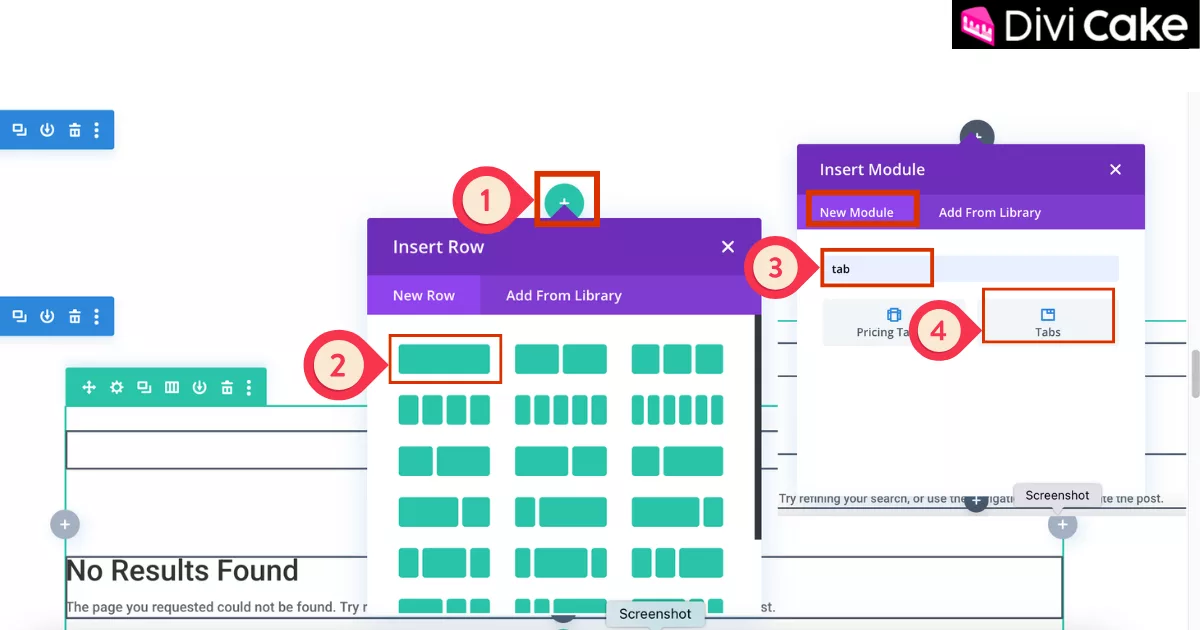 Divi interface showing how to insert the Tab Module into a selected section with a single-column row for creating vertical tabs in a clean website layout.
