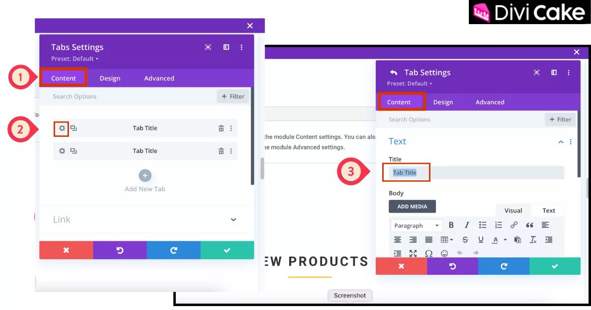 Divi Tabs Module settings panel with gear icon selected, showing how to edit tab titles and descriptions for personalized and organized vertical tab content.