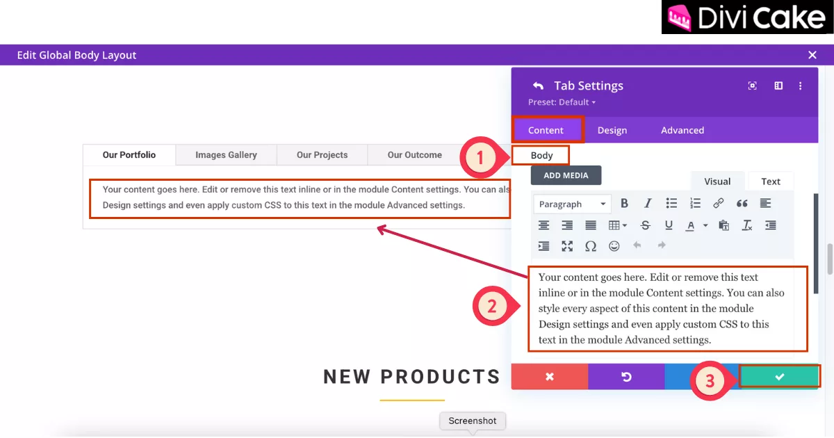 Divi Tab Module body content area showing how to add and save custom text inside vertical tabs for a more informative and engaging user experience.