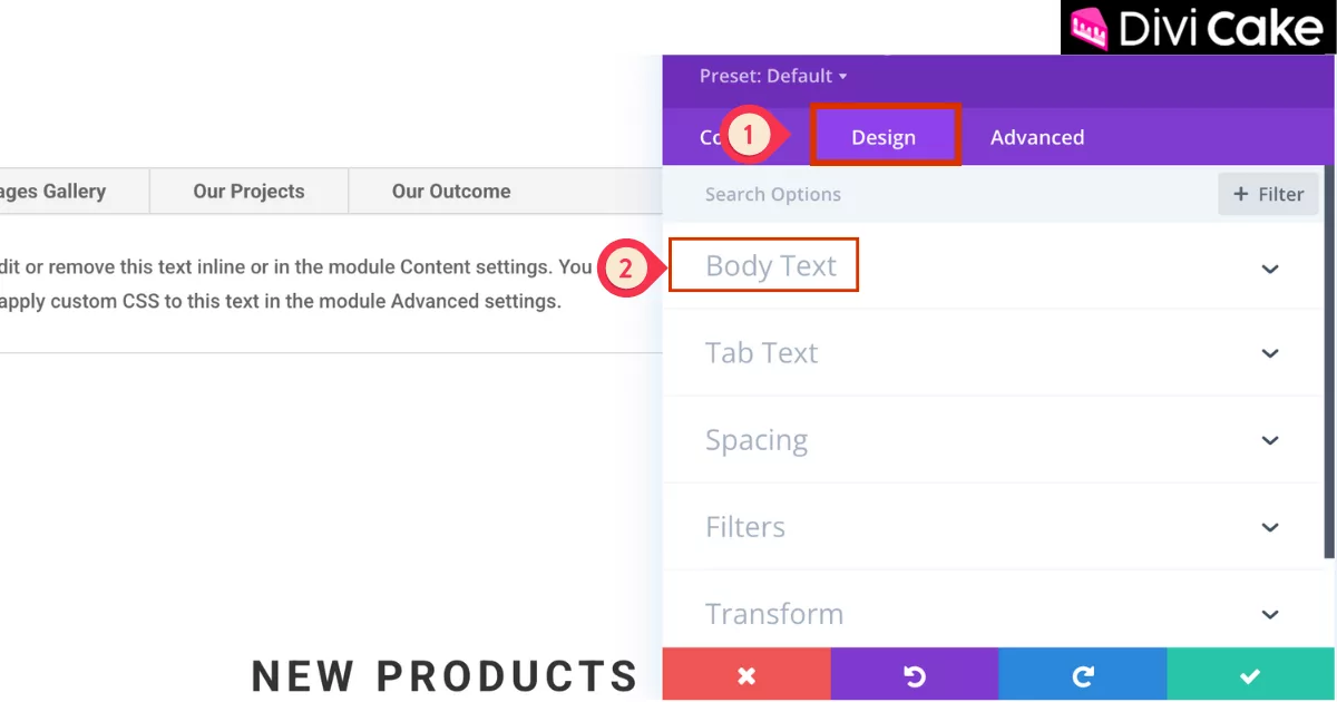 Divi Tab Module Design tab with Body Text settings open, allowing customization of font size, color, line height, and spacing to match the site’s design and improve readability.