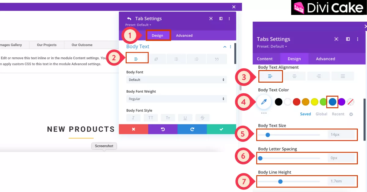 Divi Tab Module customization panel showing design settings for tab alignment, text color, size, spacing, and line height to match the website’s layout and branding.