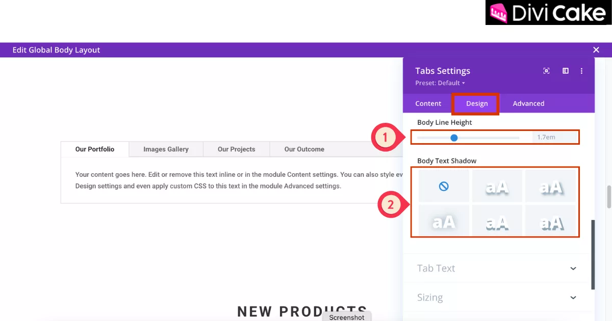 Divi Design tab with Body Text settings highlighting line height and text shadow options for better vertical spacing and enhanced visual appearance in vertical tabs.