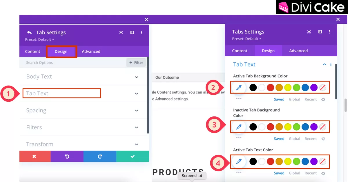 Divi Tab Module design settings showing how to customize active and inactive tab background colors and tab text colors for a visually appealing vertical tab layout.