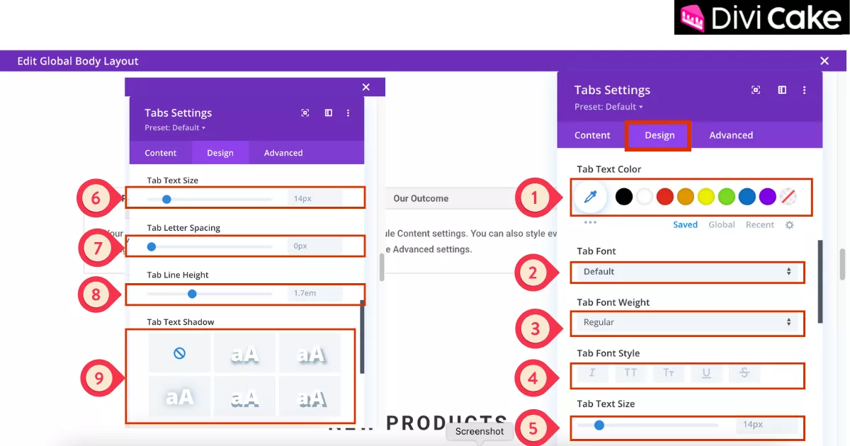 Divi Tab Text styling settings under the Design tab showing options for font color, weight, style, size, letter spacing, line height, and shadow to create a consistent and elegant vertical tab design.