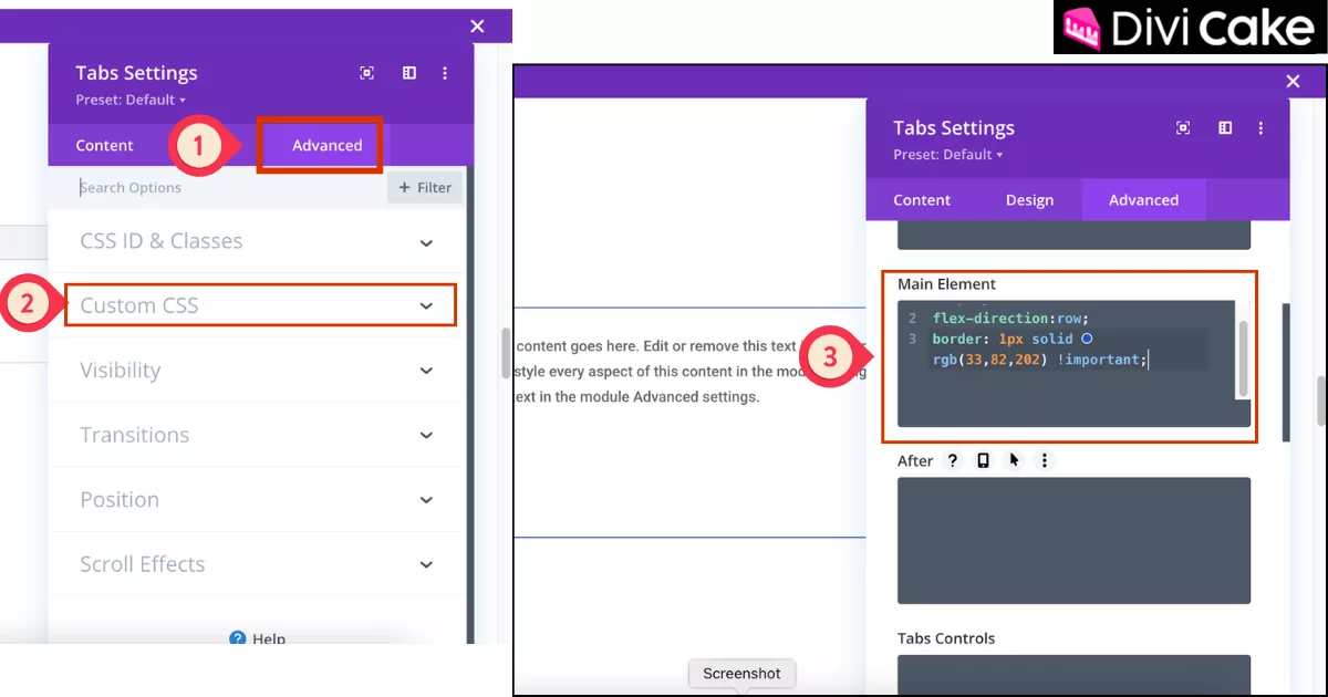 Divi Tab Module Advanced settings showing where to paste custom CSS code to change default horizontal tabs into vertical tabs with flexbox styling.