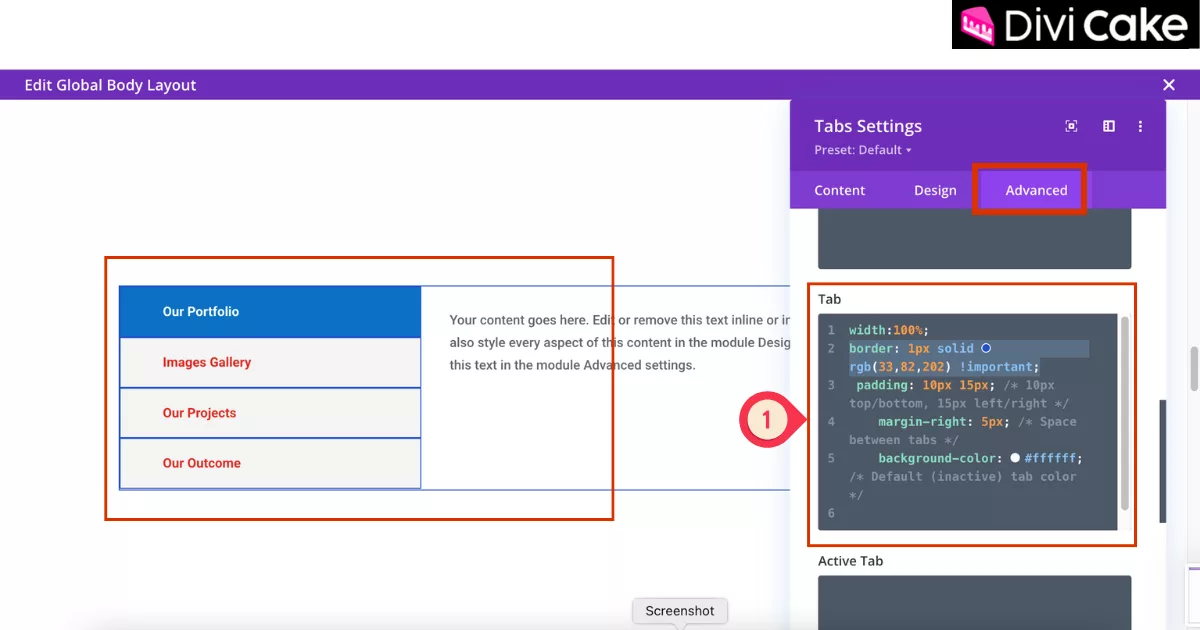 Divi Tab Module interface with Tab Code box in the Custom CSS section showing additional CSS for full width, border color, padding, spacing, and background to enhance vertical tabs layout.