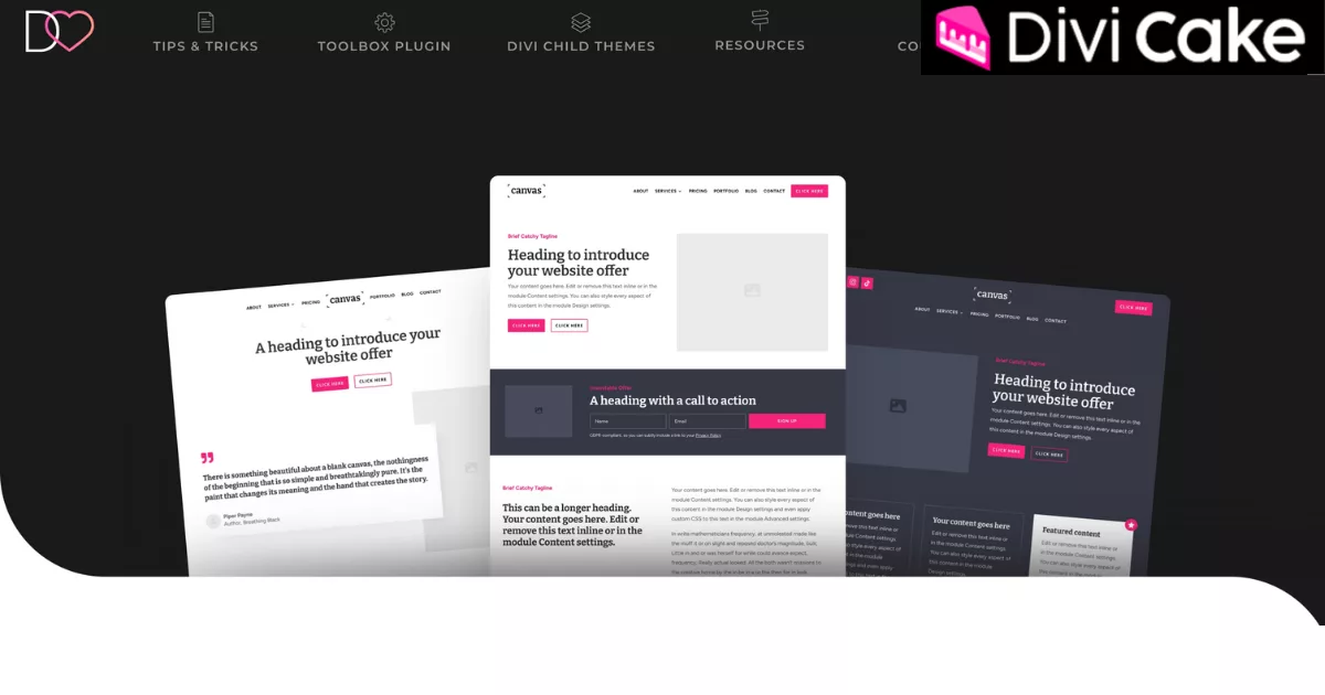 Divi Canvas Layout Kit featuring hero headers, footers, call-to-actions, portfolios, testimonials, contact forms, pricing tables, and blog sections with cohesive design and responsive layout.