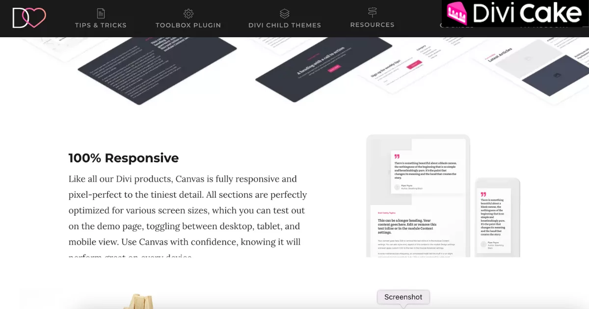 Canvas Layout Kit displaying fully responsive Divi sections optimized for desktop, tablet, and mobile devices with pixel-perfect design across all screen sizes.